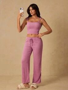 HautHeat Women's Solid Color Ribbed Camisole And Long Pants Loungewear Set - Dusty Pink - View 6