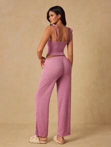 HautHeat Women's Solid Color Ribbed Camisole And Long Pants Loungewear Set - Dusty Pink - View 2