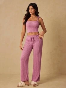HautHeat Women's Solid Color Ribbed Camisole And Long Pants Loungewear Set - Dusty Pink - View 3