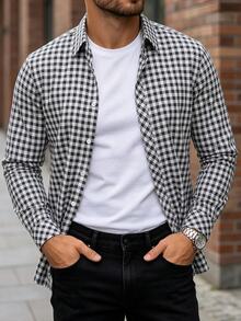 Manfinity Homme Manfinity New Spring And Autumn Slim Black And White Plaid High-Quality Long-Sleeved Shirt Men'S Dress Shirt, Formal, Old Money - Black and White - View 5