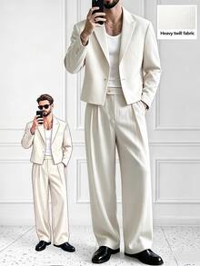 HUEFORM Men's Solid Color Single-Button Short Blazer Casual Business Suit Pants Set, Formal, Old Money - Apricot - View 1