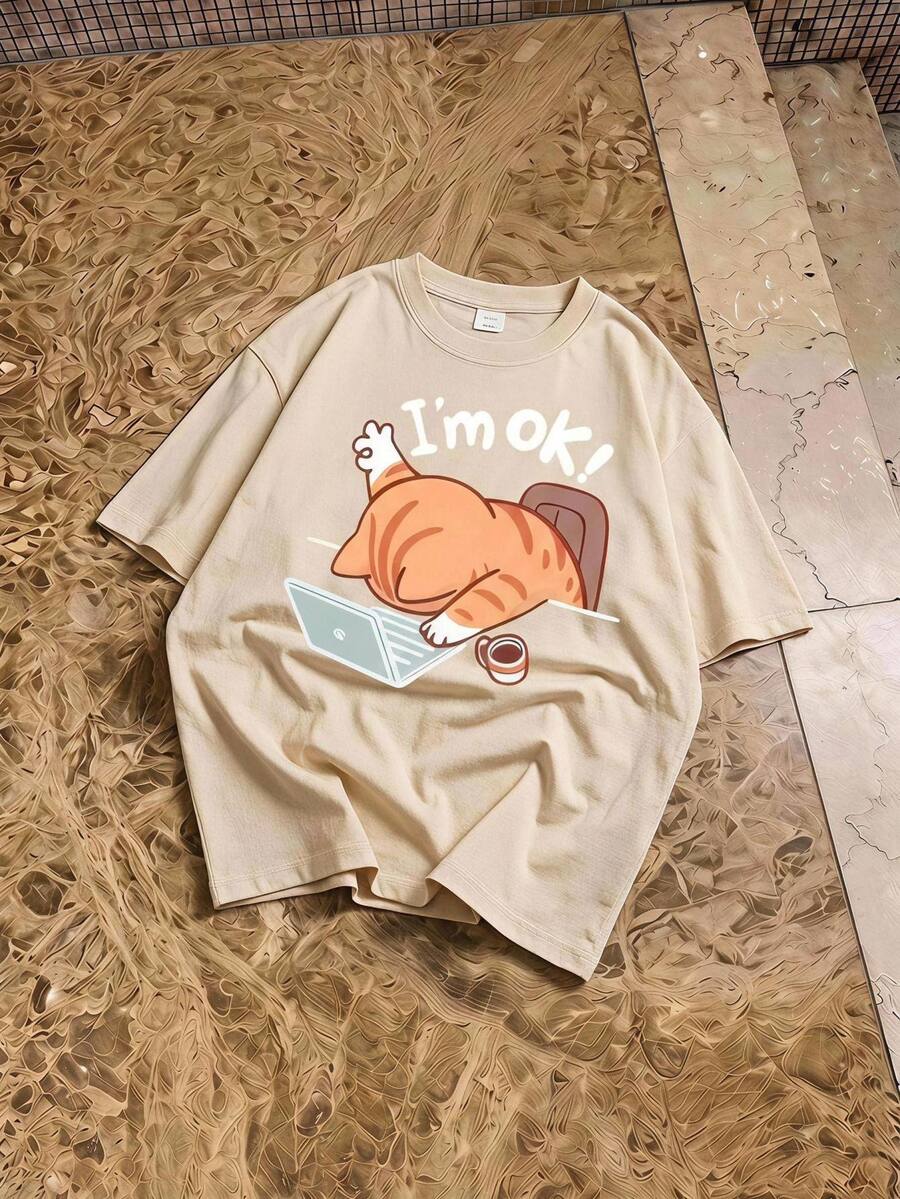 HypeHours 1pc Men Short Sleeve Round Neck T-Shirt, Fashionable For Summer Cat Tshirt - Apricot - View 1