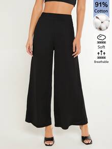 SHEIN BASICS 女款純色時尚百搭寬鬆寬腿褲 秋季居家休閒 純黑休閒百搭旅行度假褲 - 黑色 - 查看 9