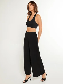 SHEIN BASICS 女款純色時尚百搭寬鬆寬腿褲 秋季居家休閒 純黑休閒百搭旅行度假褲 - 黑色 - 查看 5