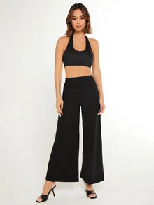 SHEIN BASICS 女款純色時尚百搭寬鬆寬腿褲 秋季居家休閒 純黑休閒百搭旅行度假褲 - 黑色 - 查看 6