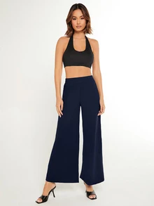 SHEIN BASICS 女款純色時尚百搭寬鬆寬腿褲 秋季套裝 海軍藍 休閒居家 居家服 早午餐穿搭 - 藏蓝色 - 查看 5