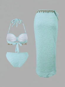 Bonvoyette Women's 3 PiecesTextured Fabric Shell Trim Rope Decor Swimwear Set, For Beach & Holiday - Blue - View 2