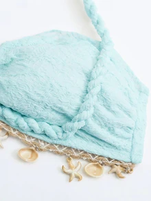 Bonvoyette Women's 3 PiecesTextured Fabric Shell Trim Rope Decor Swimwear Set, For Beach & Holiday - Blue - View 5