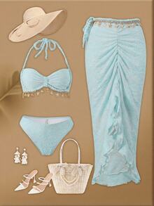 Bonvoyette Women's 3 PiecesTextured Fabric Shell Trim Rope Decor Swimwear Set, For Beach & Holiday - Blue - View 9