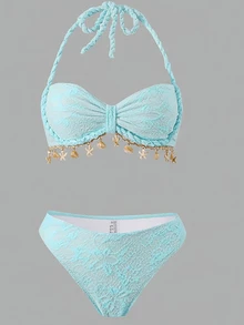 Bonvoyette Women's 3 PiecesTextured Fabric Shell Trim Rope Decor Swimwear Set, For Beach & Holiday - Blue - View 7