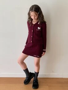 HELLO KITTY | DAZY Set Rajut Kasual Sehari-hari untuk Anak Perempuan Remaja: Atasan Lengan Panjang Berkancing Tunggal dengan Motif Kartun Huruf, Cocok untuk Musim Gugur. - Purple - View 5