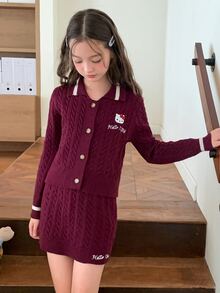 HELLO KITTY | DAZY Set Rajut Kasual Sehari-hari untuk Anak Perempuan Remaja: Atasan Lengan Panjang Berkancing Tunggal dengan Motif Kartun Huruf, Cocok untuk Musim Gugur. - Purple - View 4