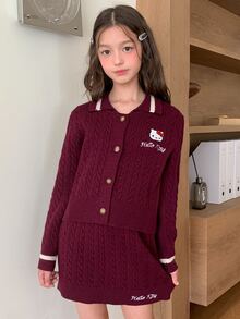 HELLO KITTY | DAZY Set Rajut Kasual Sehari-hari untuk Anak Perempuan Remaja: Atasan Lengan Panjang Berkancing Tunggal dengan Motif Kartun Huruf, Cocok untuk Musim Gugur. - Purple - View 2