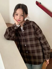 HELLO KITTY | DAZY Plaid Long Sleeve Casual Shirt With KT Cat Pattern For Tween Girls Fall - Brown - View 4
