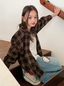 HELLO KITTY | DAZY Plaid Long Sleeve Casual Shirt With KT Cat Pattern For Tween Girls Fall - Brown - View 2