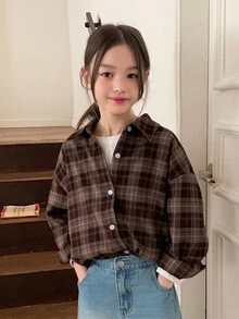 HELLO KITTY | DAZY Plaid Long Sleeve Casual Shirt With KT Cat Pattern For Tween Girls Fall - Brown - View 8