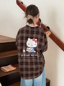 HELLO KITTY | DAZY Plaid Long Sleeve Casual Shirt With KT Cat Pattern For Tween Girls Fall - Brown - View 5