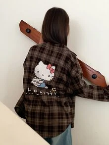 HELLO KITTY | DAZY Plaid Long Sleeve Casual Shirt With KT Cat Pattern For Tween Girls Fall - Brown - View 7