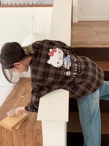 HELLO KITTY | DAZY Plaid Long Sleeve Casual Shirt With KT Cat Pattern For Tween Girls Fall - Brown - View 1