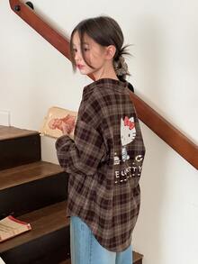 HELLO KITTY | DAZY Plaid Long Sleeve Casual Shirt With KT Cat Pattern For Tween Girls Fall - Brown - View 6