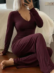 Dazy Plus Solid Red New Year Christmas Long Sleeve Slim Fit Top And Pants 2-Piece Set Elegant Spring Autumn Pajama Set - Burgundy - View 1