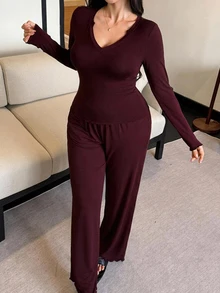 Dazy Plus Solid Red New Year Christmas Long Sleeve Slim Fit Top And Pants 2-Piece Set Elegant Spring Autumn Pajama Set - Burgundy - View 8