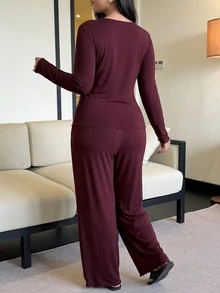 Dazy Plus Solid Red New Year Christmas Long Sleeve Slim Fit Top And Pants 2-Piece Set Elegant Spring Autumn Pajama Set - Burgundy - View 2
