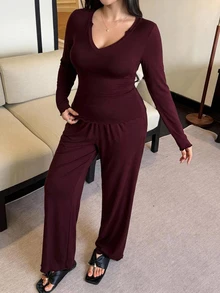 Dazy Plus Solid Red New Year Christmas Long Sleeve Slim Fit Top And Pants 2-Piece Set Elegant Spring Autumn Pajama Set - Burgundy - View 6