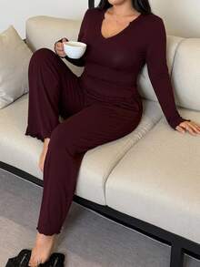 Dazy Plus Solid Red New Year Christmas Long Sleeve Slim Fit Top And Pants 2-Piece Set Elegant Spring Autumn Pajama Set - Burgundy - View 4
