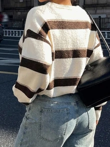 Dazy Plus Sweater Pullover Lengan Panjang Kasual Gaya Jalanan Longgar dengan Leher Bulat Kecil, Motif Blok Warna, dan Aksen Musim Gugur/Dingin, Model Baru untuk Sekolah - Aprikot - View 3
