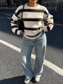 Dazy Plus Sweater Pullover Lengan Panjang Kasual Gaya Jalanan Longgar dengan Leher Bulat Kecil, Motif Blok Warna, dan Aksen Musim Gugur/Dingin, Model Baru untuk Sekolah - Aprikot - View 2