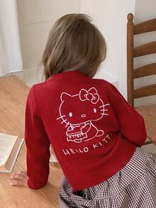 HELLO KITTY | DAZY كارديجان لطيف بأكمام طويلة بنمط قطة KT، كنزة مفتوحة الأمام للخريف/الشتاء للفتيات الصغيرات - الأحمر - مشاهدة 1