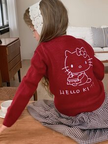 HELLO KITTY | DAZY كارديجان لطيف بأكمام طويلة بنمط قطة KT، كنزة مفتوحة الأمام للخريف/الشتاء للفتيات الصغيرات - الأحمر - مشاهدة 6