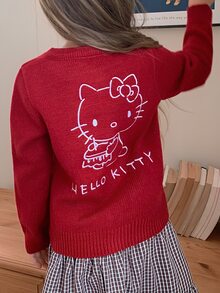 HELLO KITTY | DAZY كارديجان لطيف بأكمام طويلة بنمط قطة KT، كنزة مفتوحة الأمام للخريف/الشتاء للفتيات الصغيرات - الأحمر - مشاهدة 8