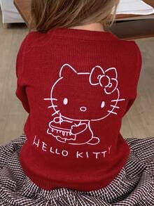 HELLO KITTY | DAZY كارديجان لطيف بأكمام طويلة بنمط قطة KT، كنزة مفتوحة الأمام للخريف/الشتاء للفتيات الصغيرات - الأحمر - مشاهدة 5