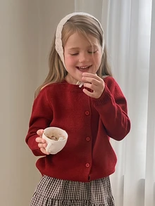 HELLO KITTY | DAZY كارديجان لطيف بأكمام طويلة بنمط قطة KT، كنزة مفتوحة الأمام للخريف/الشتاء للفتيات الصغيرات - الأحمر - مشاهدة 2