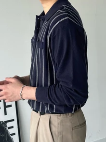 DAZY Navy Blue And White Striped Polo Collar Long Sleeve Sweater With Decorative Pocket Design For Men Fall - Multicolor - View 2