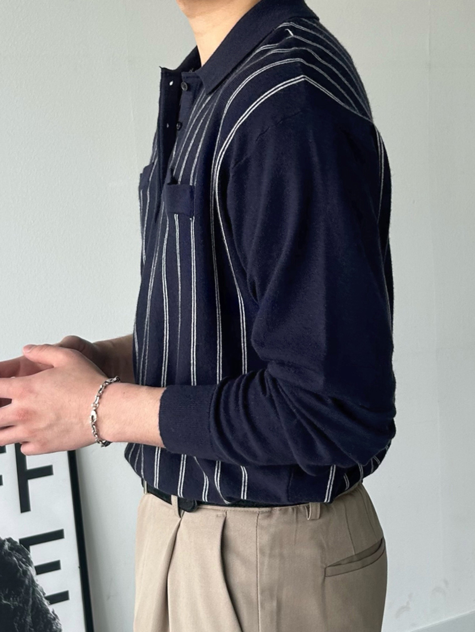 Navy Blue And White Striped Polo Collar Long Sleeve Sweater With Decorative Pocket Design For Men