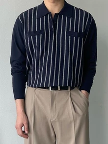 DAZY Navy Blue And White Striped Polo Collar Long Sleeve Sweater With Decorative Pocket Design For Men Fall - Multicolor - View 6