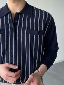 DAZY Navy Blue And White Striped Polo Collar Long Sleeve Sweater With Decorative Pocket Design For Men Fall - Multicolor - View 5