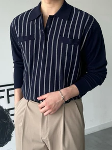 DAZY Navy Blue And White Striped Polo Collar Long Sleeve Sweater With Decorative Pocket Design For Men Fall - Multicolor - View 1