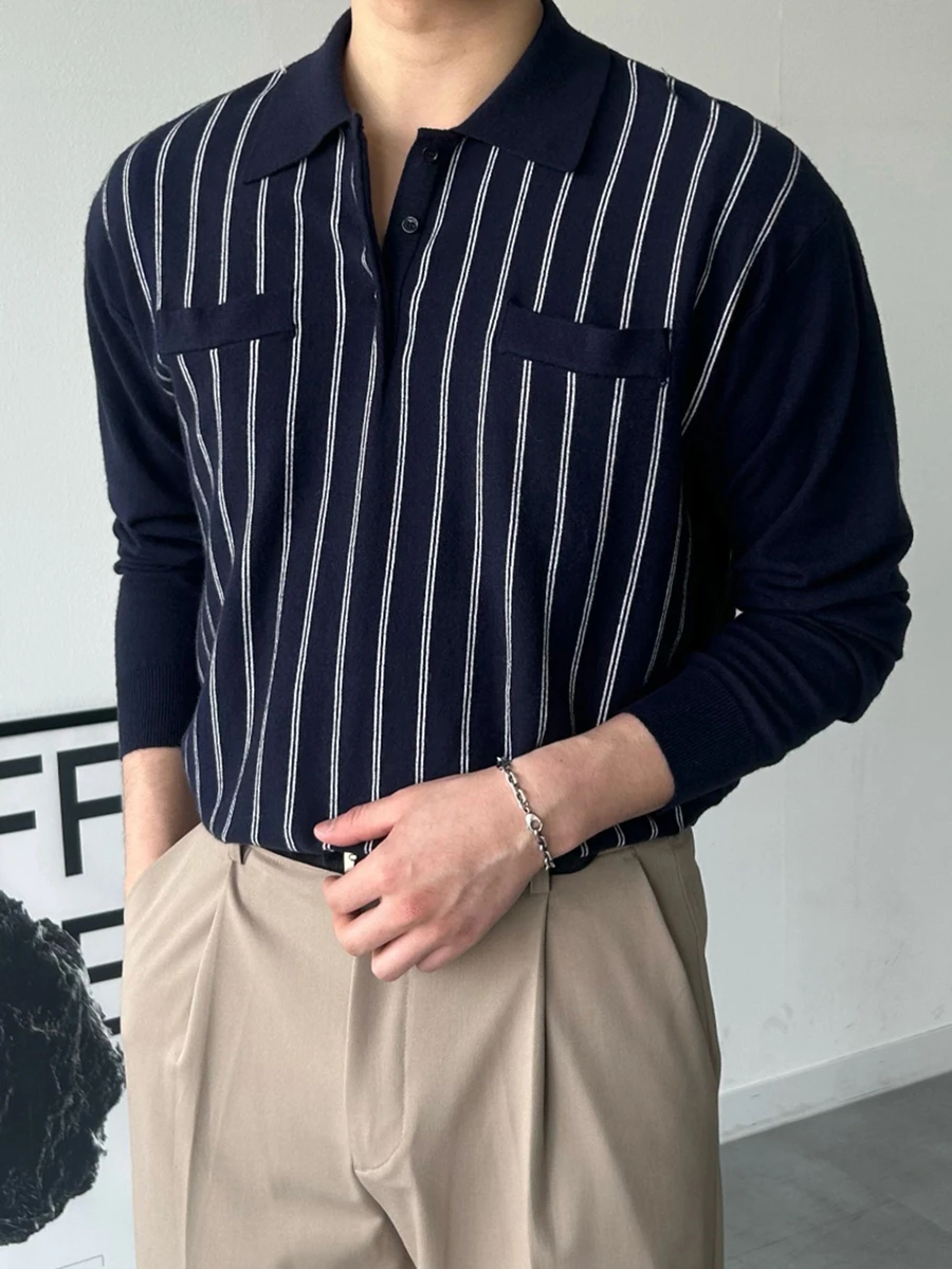 DAZY Navy Blue And White Striped Polo Collar Long Sleeve Sweater With Decorative Pocket Design For Men Fall - Multicolor - View 1