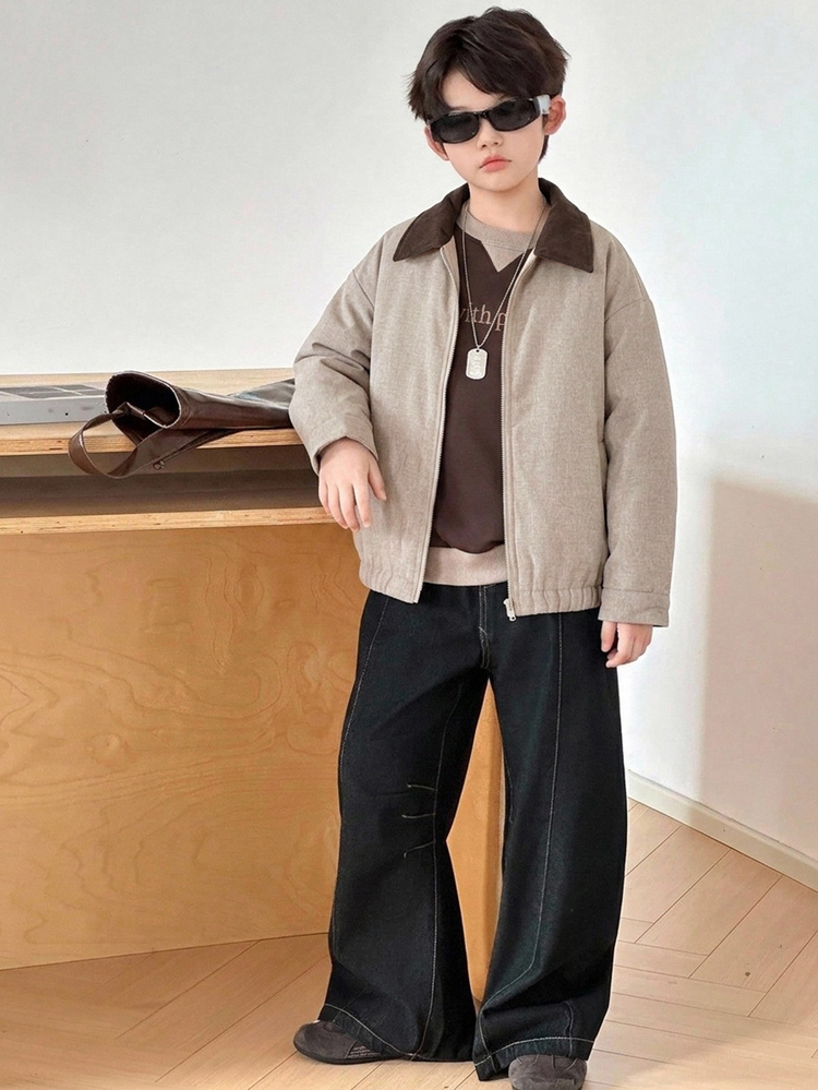 Dazy Kids 青少年男孩拼色拉鍊休閒百搭日常穿著冬季加厚外套秋季 - 卡其色 - 查看 5