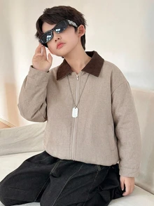 Dazy Kids Tween Boy Colorblock Zipper Casual Versatile Daily Wear Winter Padded Coat Fall - Khaki - View 1