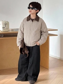 Dazy Kids Tween Boy Colorblock Zipper Casual Versatile Daily Wear Winter Padded Coat Fall - Khaki - View 4