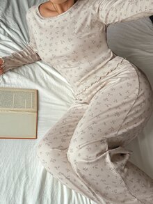 Dazy Plus Conjunto de pijama de 2 piezas con pantalones largos de corte slim, estampado floral ditsy, casual y elegante, para primavera/otoño - Albaricoque - Ver 6