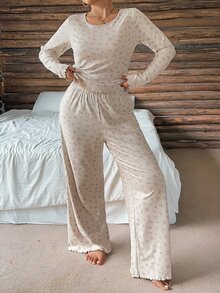 Dazy Plus Conjunto de pijama de 2 piezas con pantalones largos de corte slim, estampado floral ditsy, casual y elegante, para primavera/otoño - Albaricoque - Ver 7