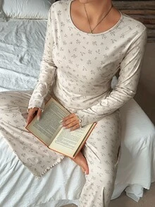 Dazy Plus Conjunto de pijama de 2 piezas con pantalones largos de corte slim, estampado floral ditsy, casual y elegante, para primavera/otoño - Albaricoque - Ver 5