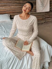 Dazy Plus Conjunto de pijama de 2 piezas con pantalones largos de corte slim, estampado floral ditsy, casual y elegante, para primavera/otoño - Albaricoque - Ver 4