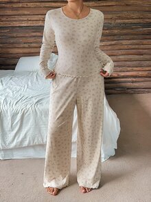 Dazy Plus Conjunto de pijama de 2 piezas con pantalones largos de corte slim, estampado floral ditsy, casual y elegante, para primavera/otoño - Albaricoque - Ver 8